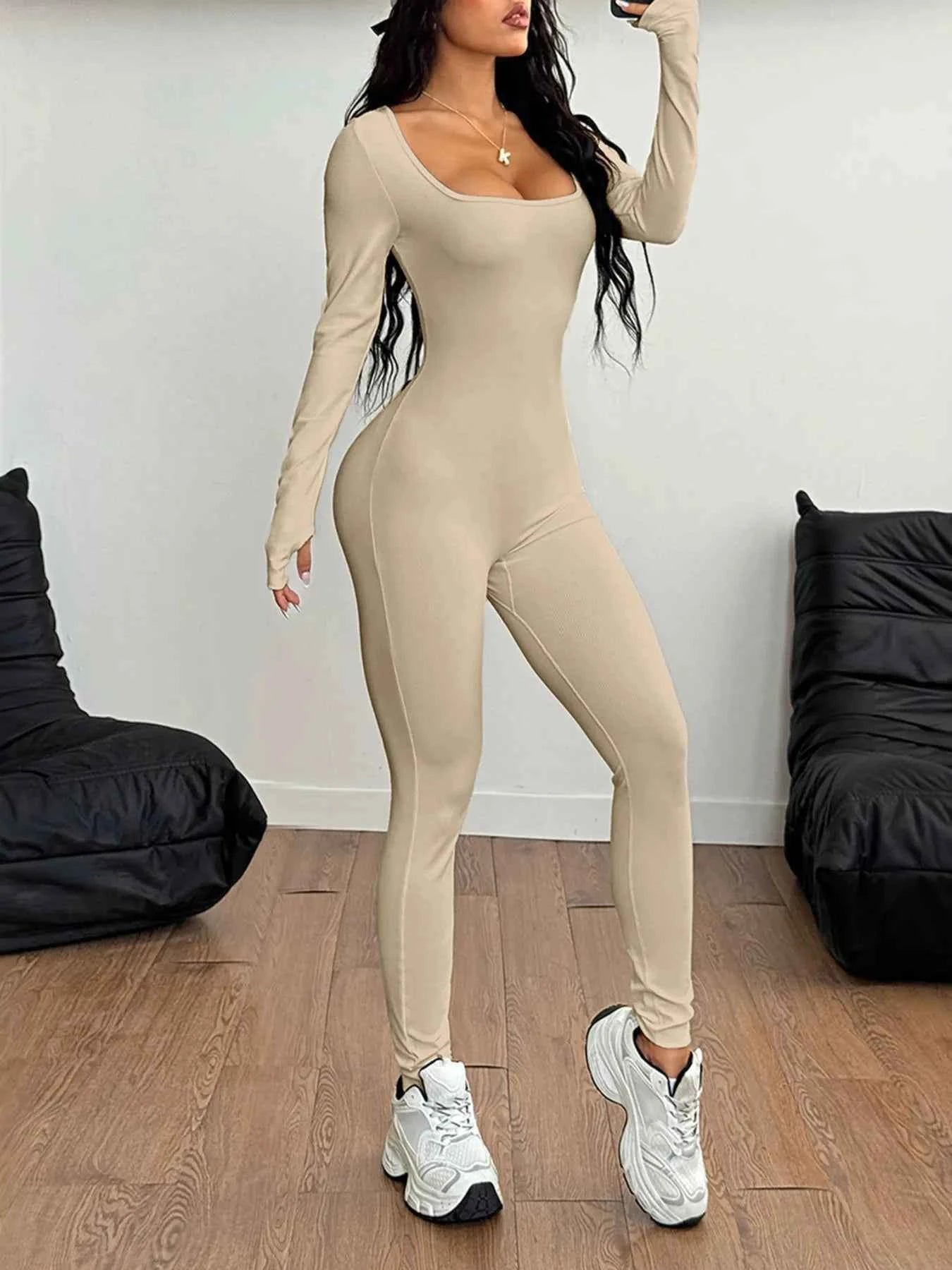 Square Neck Long Sleeve Active Jumpsuit