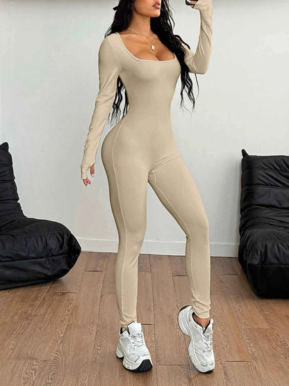 Square Neck Long Sleeve Active Jumpsuit