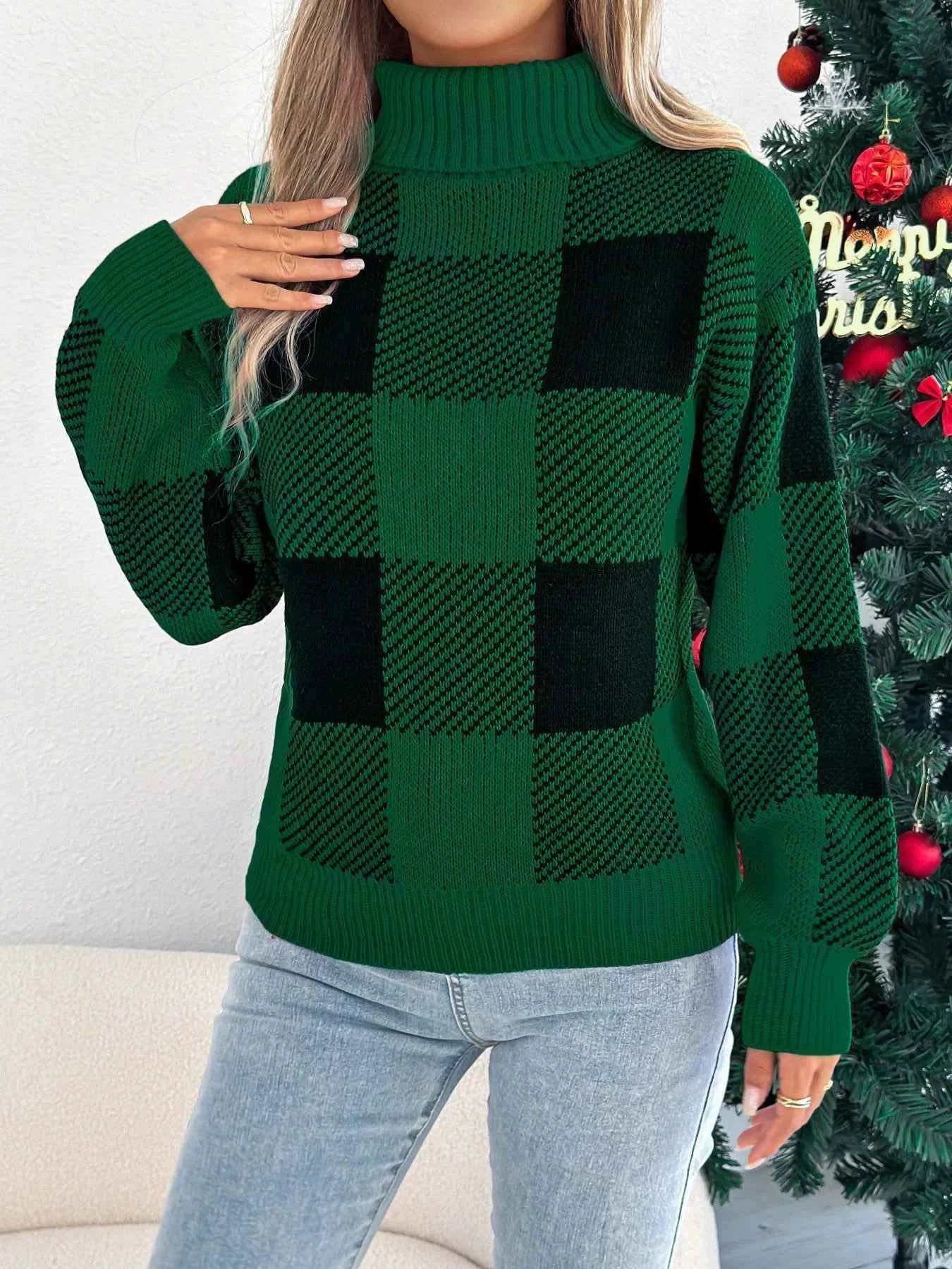Christmas Plaid Turtleneck Sweater for Festive Comfort and Style