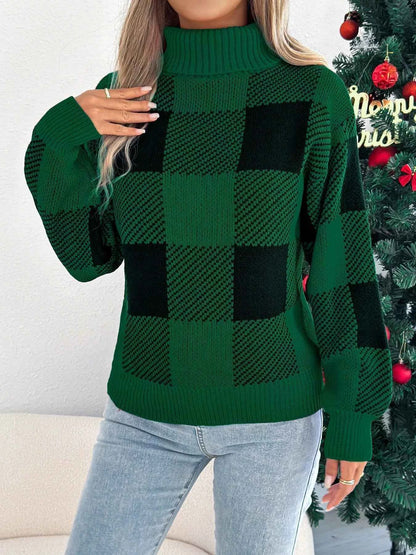 Christmas Plaid Turtleneck Sweater for Festive Comfort and Style