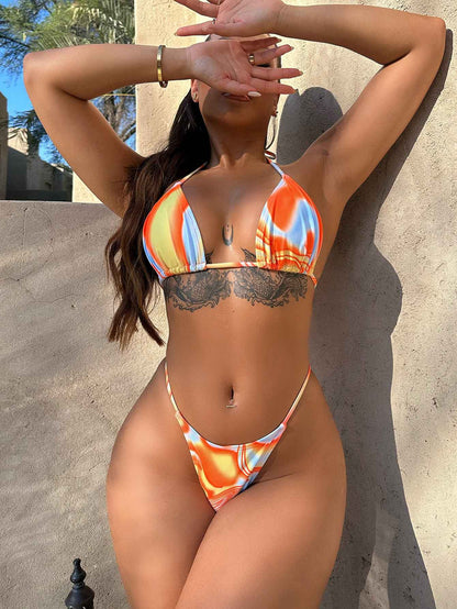 Multicolored Three-Piece Swim Set for Women - Drawstring Ruched Design