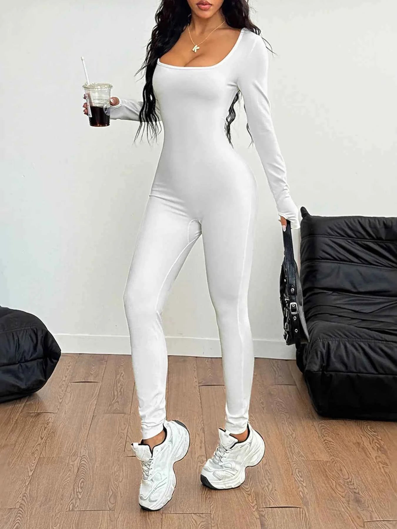 Square Neck Long Sleeve Active Jumpsuit