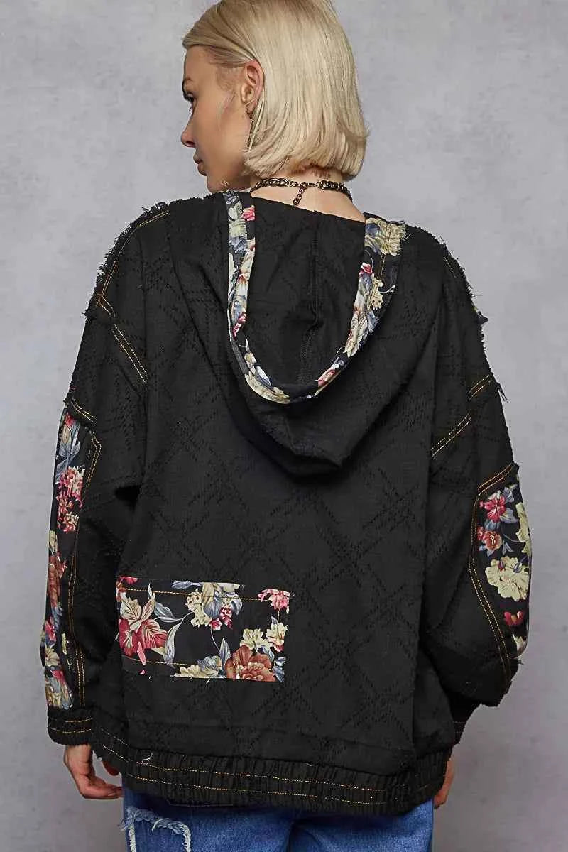 POL Zip Up Floral and Lace Patch Washed Jacket