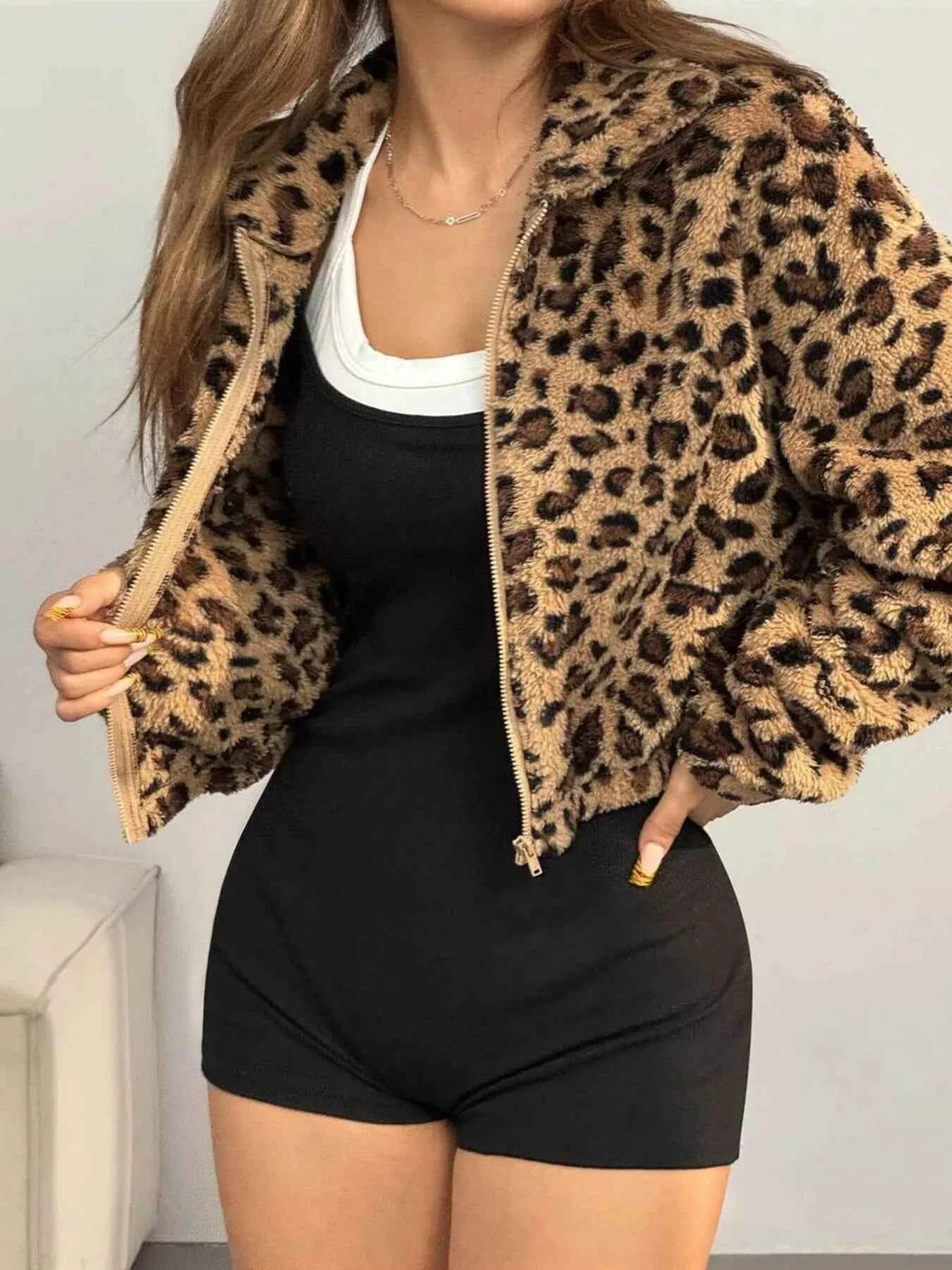 Leopard Print Fuzzy Cropped Jacket - Trendy Leopard Print Cropped Jacket for Fashion-forward Outfits