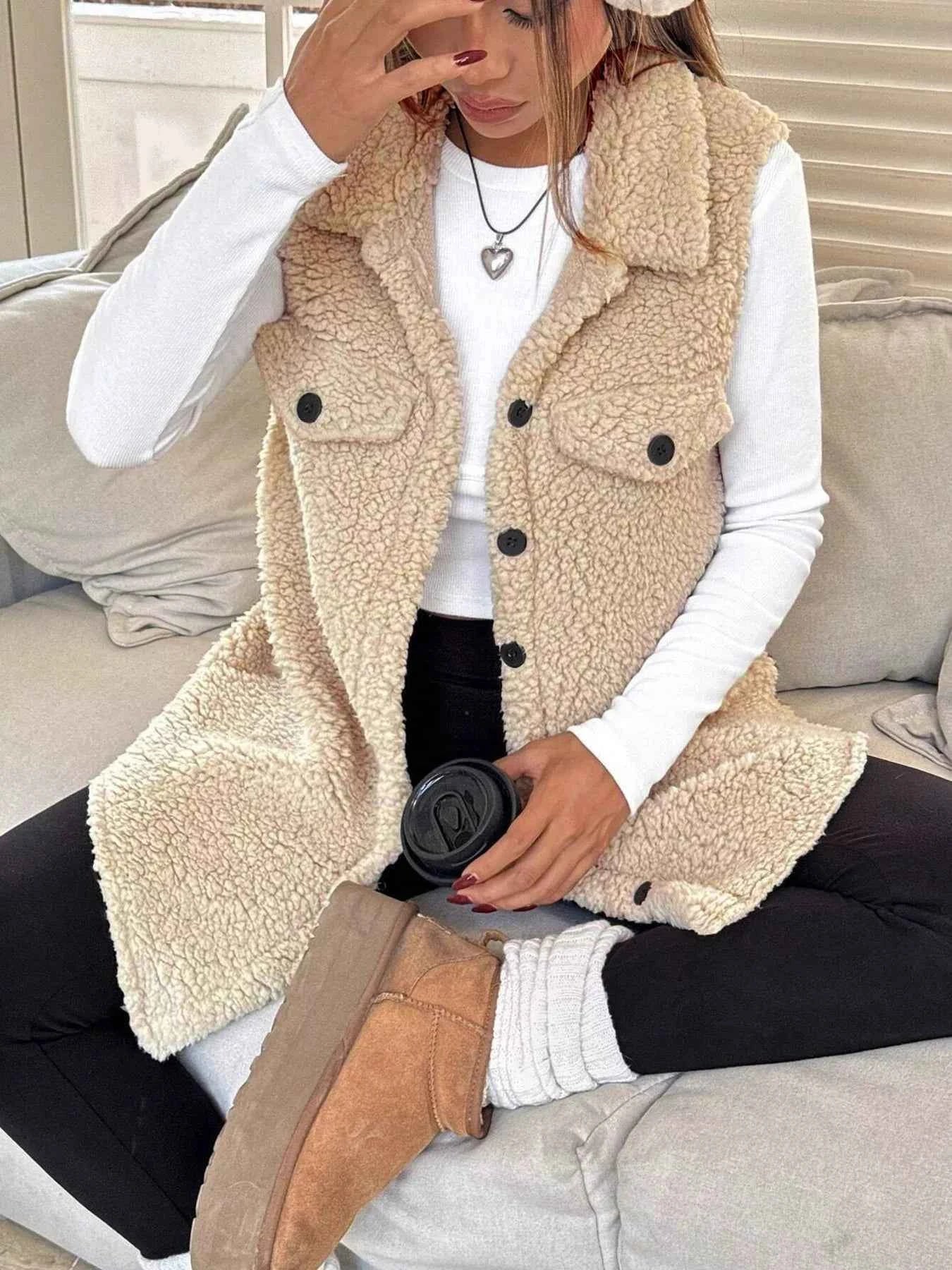 Button-Down Sherpa Fleece Vest Coat