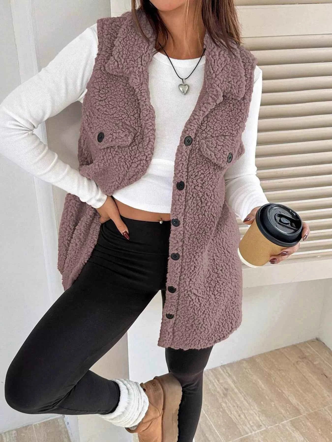 Button-Down Sherpa Fleece Vest Coat