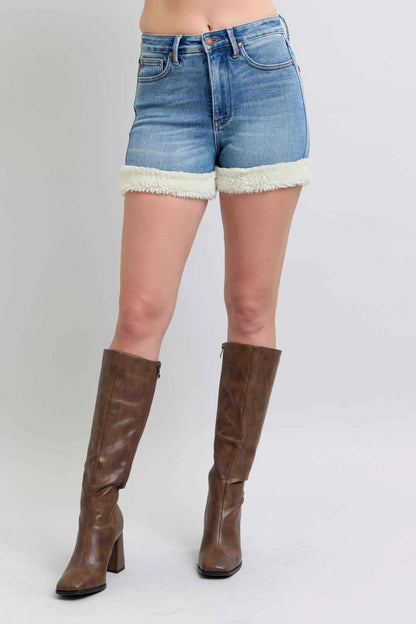 Judy Blue Full Size High Waist Tummy Control Plus Size Denim Shorts with Shearling Cuff