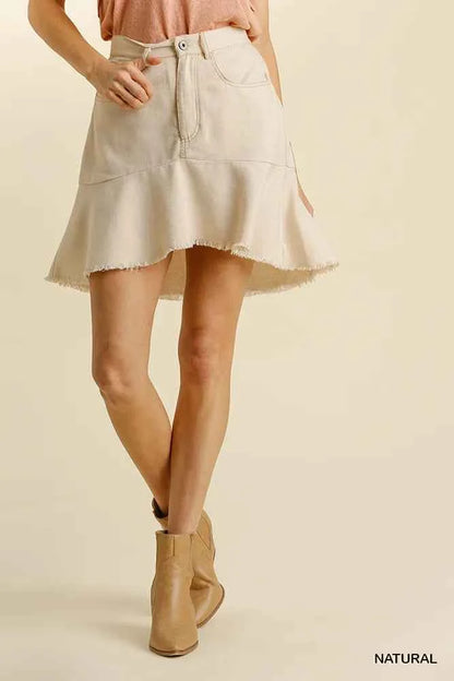 Umgee Linen Blend High Low Skirt with 5 Pockets and Frayed Hem