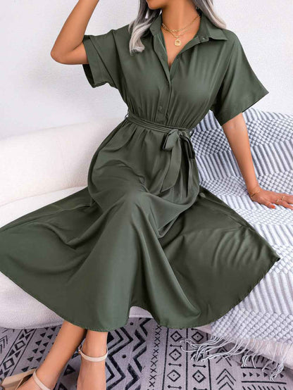 Short Sleeve Collared Dress with Tie Belt for Effortless Style